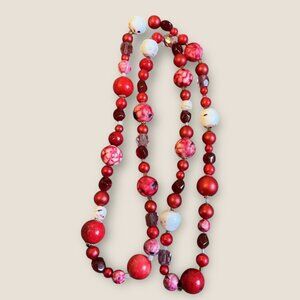 Handmade Dyed Red Beaded Necklace 28" Long With Marbled & Glossy Beads For Women